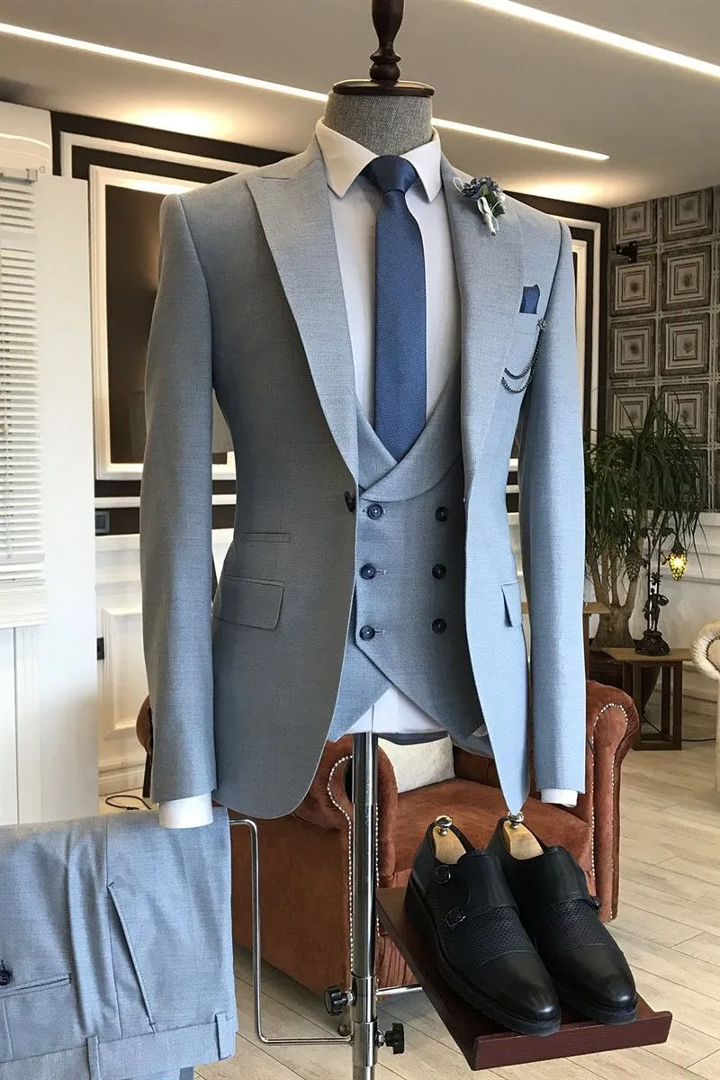 Amazing Blue 3-Pieces Double Breasted Waistcoat Slim Fit Business Suits For Men
