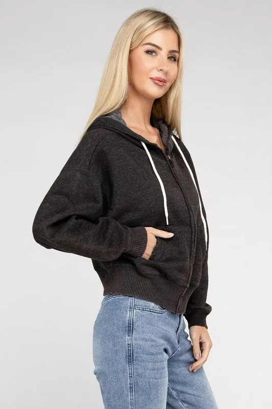 Explore More Collection - Acid Wash Fleece Cropped Zip-Up Hoodie