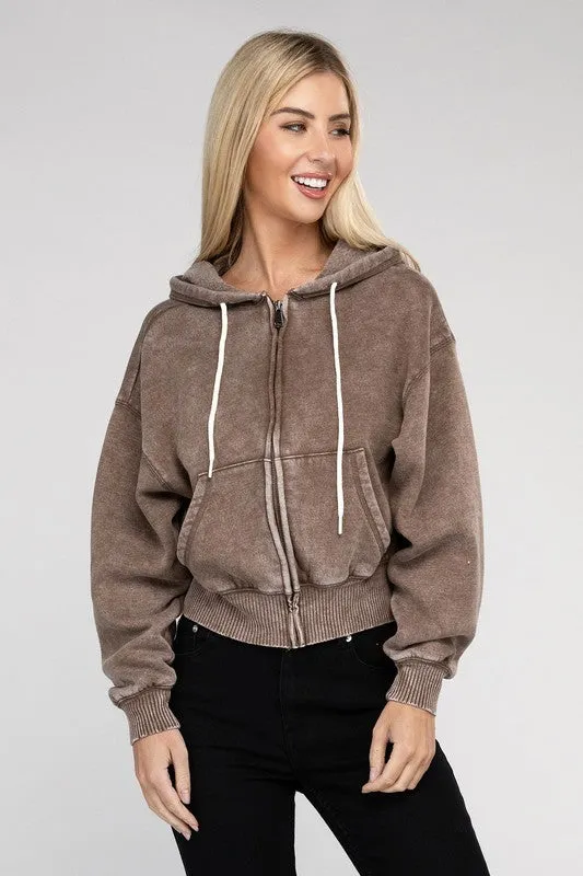 Explore More Collection - Acid Wash Fleece Cropped Zip-Up Hoodie