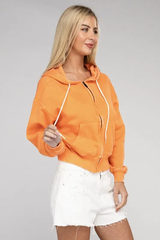 Explore More Collection - Acid Wash Fleece Cropped Zip-Up Hoodie