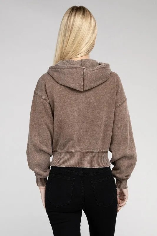 Explore More Collection - Acid Wash Fleece Cropped Zip-Up Hoodie
