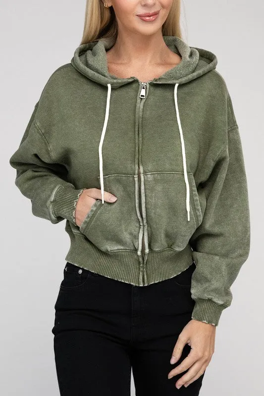Explore More Collection - Acid Wash Fleece Cropped Zip-Up Hoodie